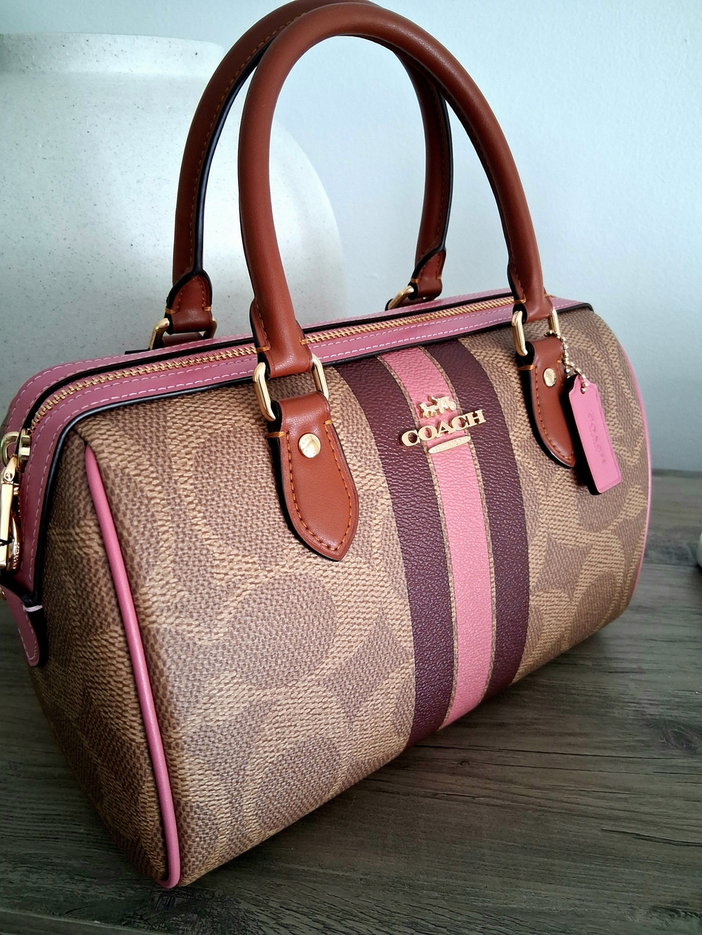 NWT Authentic Coach Rowan Brown Signature Satchel with Pink & Wine Stripe Accent